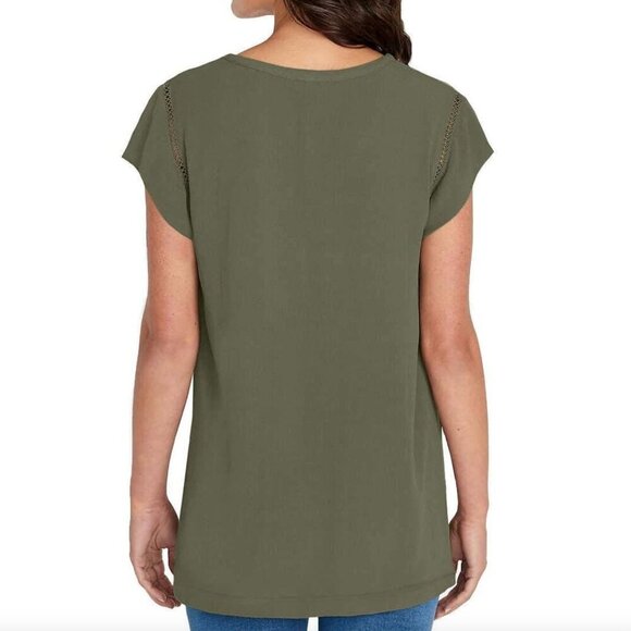 BUFFALO DAVID BITTON V-Neck Short Cap Sleeve Top Solid Olive Green Boho Small S - Picture 4 of 14